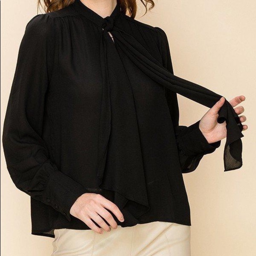 BLACK SELF TIE NECK BLOUSE
